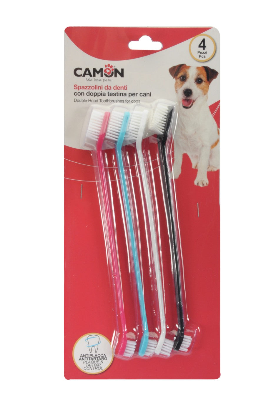 Set di spazzolini Camon per cani con doppia testina e setole in nylon, colori assortiti Set di spazzolini Camon per cani con doppia testina e setole in nylon, colori assortiti